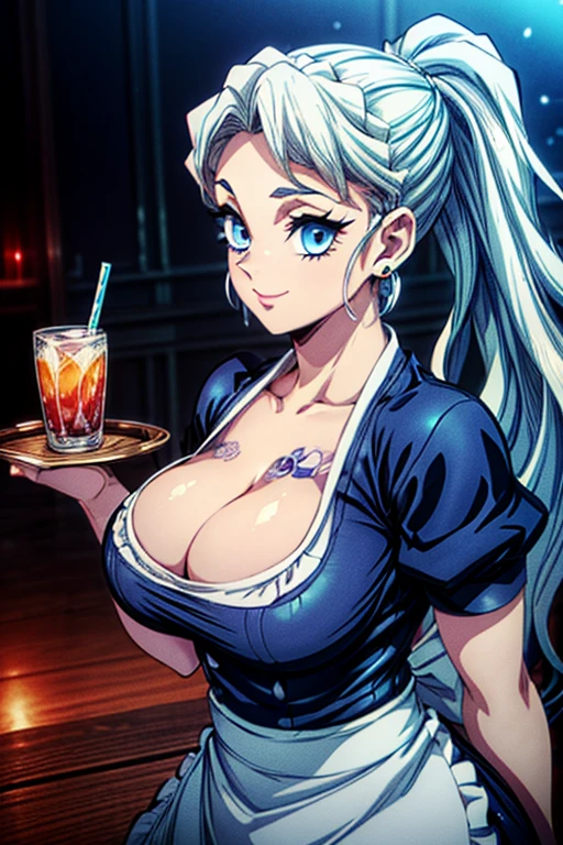 1 girl, smile, thick eyelashes, beautiful face, high quality, all detailed, high quality, curvy, wide hips, thick thighs, ((retro waitress uniforms)), ((retro waitress skirt with apron)), ((cleavage))), looking at viewer, ( nightclub background )),night environment, pink LED lights adorning the place, (((masterpiece))), (((highest quality))), (((ultra detailed))), (((ultra high res))), (((16K))), (((perfect anatomy))), (((intricate detail))),held a tray with drinks, huge breasts,  kimetsu no yaiba art style,braided ponytail, light blue hair, white hair, blue eyes, blue snow flake tattoo on right cheek, white eyelashes, huge breasts, kimetsu no yaiba art style, masterpiece, cinematic lighting, cool color palette, highly detailed, hyper realistic, 8k, photorealistic, studio quality, sharp focus, winter theme, silver earrings, shiny skin, big breasts