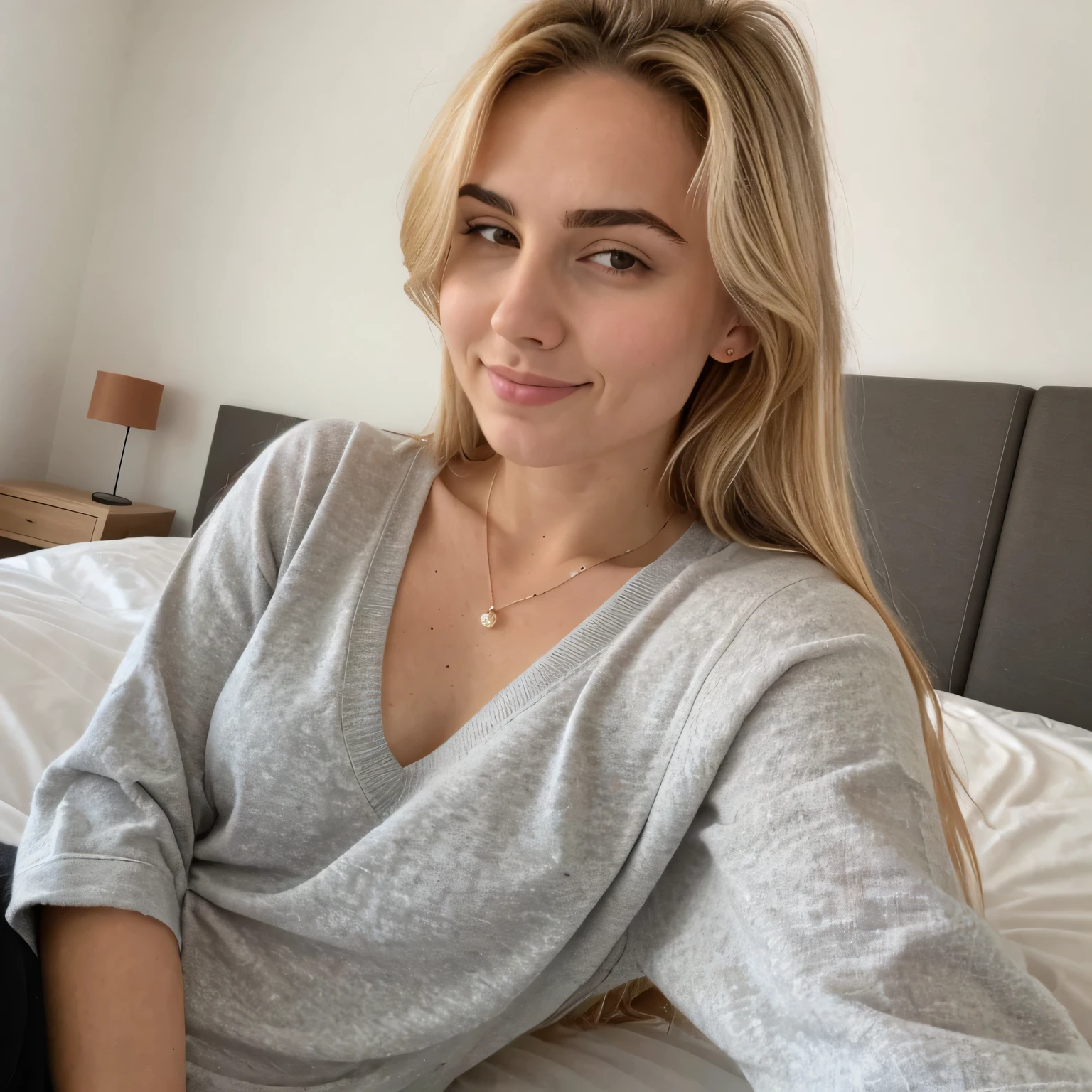dunkelblond, 18 Jahre alte Frau, Selfie, Iphone, realistisch, fotorealistisch, (im Bett liegen), (leaves), (auf Kissen liegen), Pretty, sexy, naturally, Pretty, moderner Hintergrund, seductive, shy, Arsch