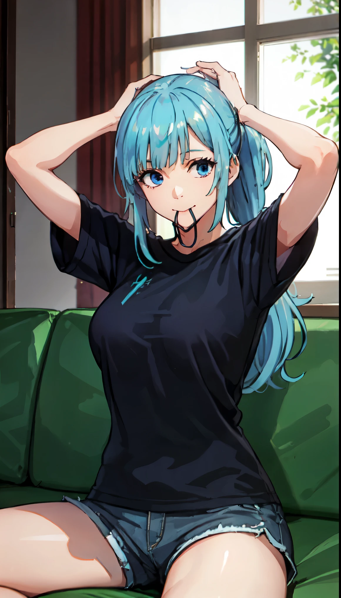 (cutesexyrobutts style:0.8), (neisan style:0.7), asura style, GrRimuru, rimuru tempest, long hair, hair between eyes, blue hair, yellow eyes, androgynous, mature female, (black lipstick, black lips:1.3), (small breasts:1.3), BREAK detailed eyes, (perfect hands, perfect anatomy), detailed eyes, (perfect hands, perfect anatomy), (skindentation:1.2), excessive sweating, sweating profusely, sweating drop, (gasping, heavy breathing:1.2), (glow effect:1.2), beautiful detailed eyes, beautiful detailed lips, extremely detailed face and portrait, elegant expression, soft warm lighting, volumetric lighting, cinematic composition, detailed environment, lush garden, vibrant colors, intricate details, masterpiece, high resolution, digital painting, excessive sweating, sweating profusely, sweating drop BREAK, hearts, pleasured, armpits, 1girl, gloves, looking_at_viewer, fingerless gloves, black_gloves, solo, jacket, long_sleeves, arm_up, parted_lips, black_shirt, shirt, black_jacket, grey_background, upper_body, gradient_background, breasts, gradient, blush, arm_behind_head, ((tomgue out:1.2)), black nails, 