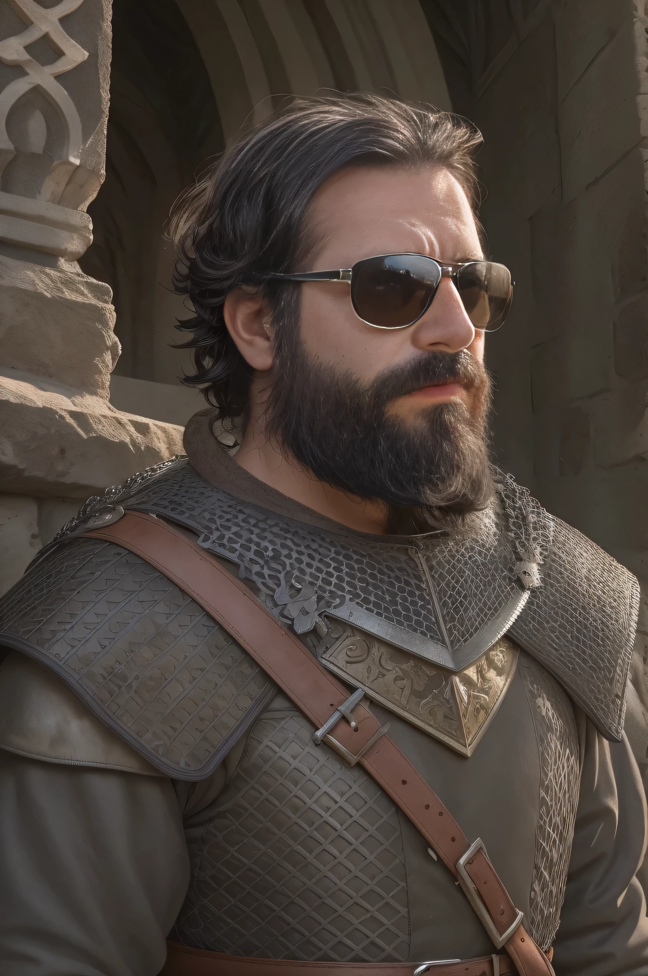 A highly detailed, ultra-realistic photograph of a 38-year-old man with a beard and sunglasses. He is dressed in medieval knight attire, wearing a chainmail hauberk, a surcoat with a crest, and a steel helmet tucked under his arm. The man stands in front of a grand stone castle gate, with ivy climbing up the walls and banners fluttering in the breeze. The lighting is natural, with the sunlight casting realistic shadows on his armor and face. The focus is on the upper body, capturing the intricate details of his beard, sunglasses, and the textures of his chainmail and surcoat. The background elements are slightly blurred to keep the attention on the man while providing context to the historical setting.