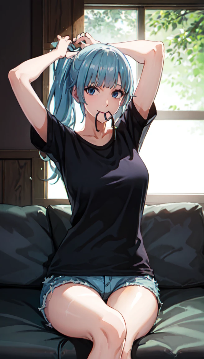 photorealistic, (4k), depth of field, (Masterpiece), (realistic skin texture), extremely detailed, intricate, hyper detailed, professional photography, bokeh, high resolution, sharp detail, best quality, girl, long hair, aqua hair, blunt bangs, blue eyes, dynamic pose, black baggy graphic tshirt, dolfine shorts, booty shorts, beautiful thighs, colarbone, indoors, (facing viewer), looking at viewers, large breasts,kasumi, miwa, kasumi miwa, downblouse, mouth slightly open, smiling, hourglass shape, black shirt, 3\4 body shot, sitting cross legged on couch, legs crossed, arms up, hands on head , hair tie in mouth, ponytail, hair tie, tying hair back, large hair tie hanging from mouth, soft lips, delicate lips, shiny lips, natural lips