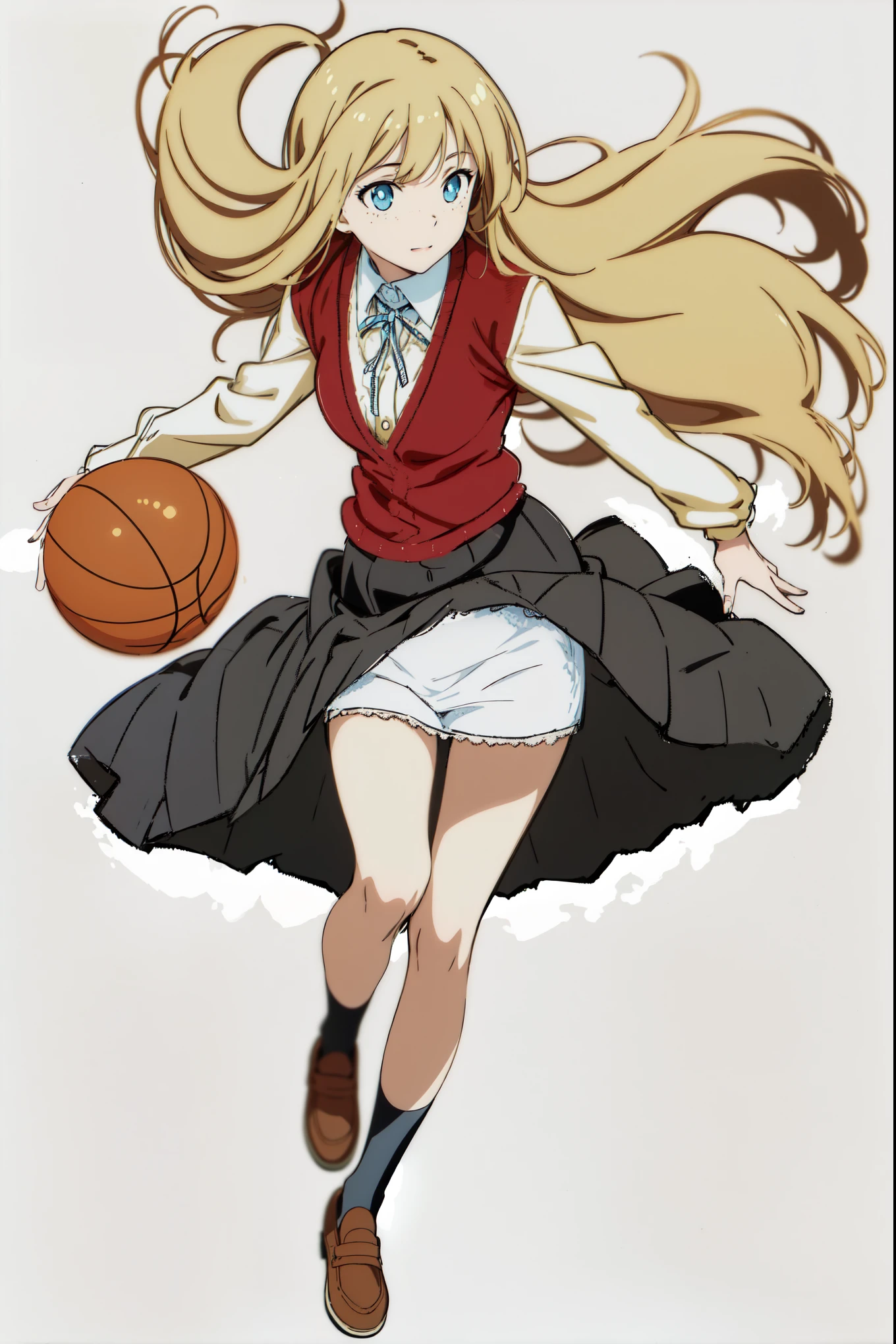 (playing basketball:1.0), (white cotton frilled panties:1.0), (best quality:1.0), (masterpiece:1.0), (super fine illustration:1.0), (beautiful artwork:1.0), (anime screencap:1.0), (official art:1.0), (european:1.0), (cheerful:1.0), (white background:1.0), (best quality:1.0), (masterpiece:1.0), (super fine illustration:1.0), (beautiful artwork:1.0), (anime screencap:1.0), (official art:1.0), (solo:1.0), (european:1.0), (a 18yo cute girl:1.0), (long skirt:1.0), (black skirt:1.0), (pleated skirt:1.0), (red knit vest:1.0), (white long sleeve collared shirt:1.0), (blue neck ribbon:1.0), (loafers:1.0), (black socks:1.0), (ideal ratio body proportions:1.0), (lanky:1.0), (tall:1.0), (slender:1.0), (small breasts:1.0), (smaller face:1.0), (tareme:1.0), (freckles:1.0), (detailed beautiful eyes:1.0), (detailed beautiful face:1.0), (glowing blue eyes:1.0), (long hair:1.0), (swept bangs:1.0), (blonde hair:1.0), (standing:1.0), (looking at viewer:1.0)