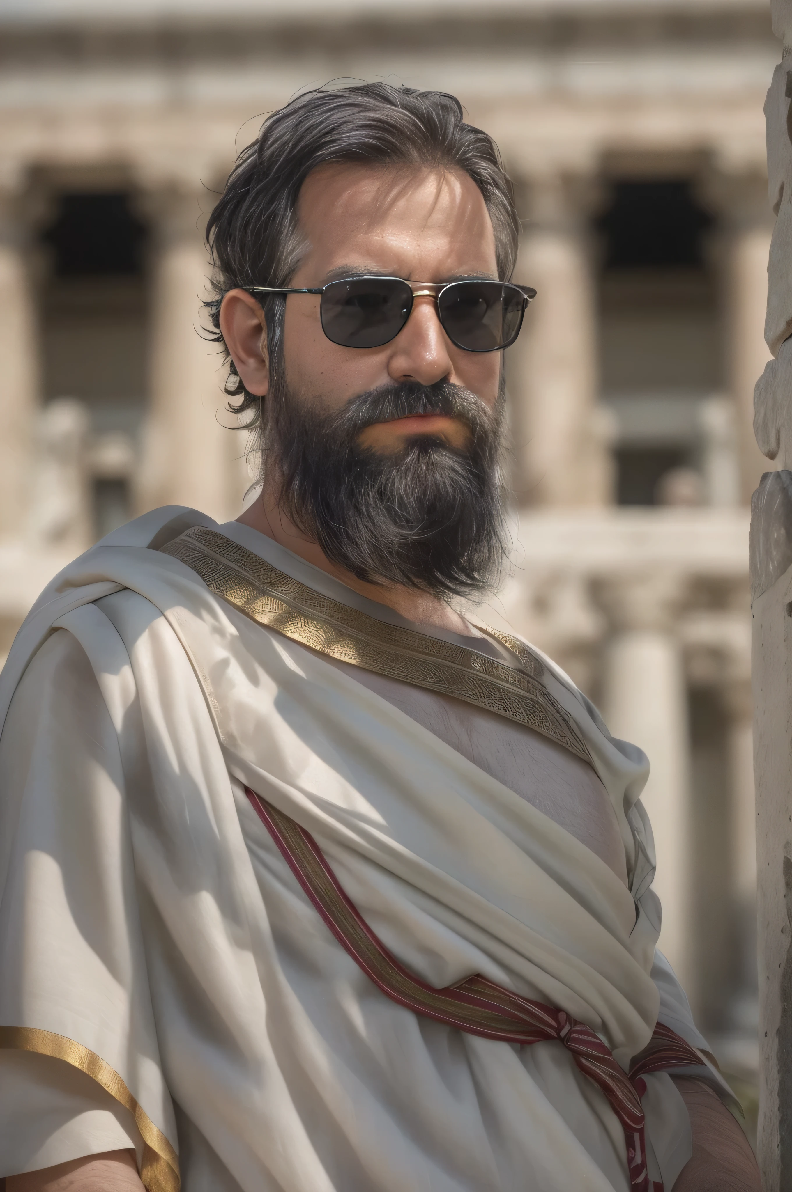 A highly detailed, ultra-realistic photograph of a 38-year-old man with a beard and sunglasses. He is dressed in ancient Roman attire, wearing a white toga with a purple stripe (toga praetexta), and a laurel wreath on his head. The man stands in a grand Roman forum with marble columns and statues in the background. The lighting is bright, with the midday sun casting realistic shadows and highlights on his face and clothing. The focus is on the upper body, capturing the intricate details of his beard, sunglasses, and the folds of his toga. The background elements are slightly blurred to keep the attention on the man while providing context to the historical setting