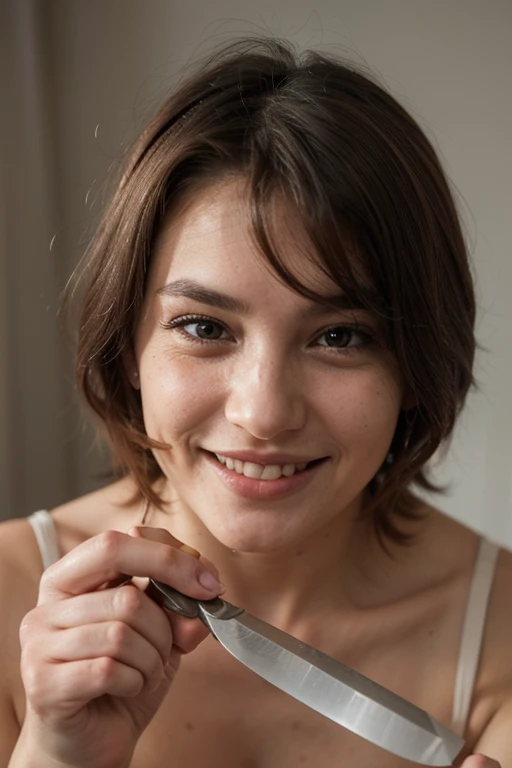 A person with a sadistic smile and his face reflected in a knife.
