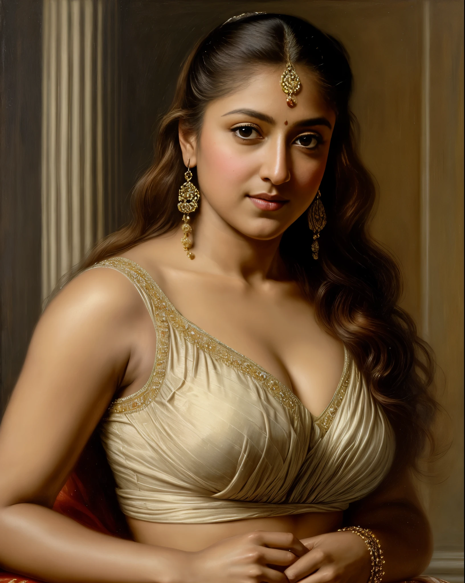 Looks like Nayanthara, Best quality, highly detailed, masterpiece, Indian princess, Rajkanya, royal clothes, Masterpiece, extremely gorgeous woman, matchless Beauty, portrait, Peter Paul Rubens style, Woman, off shoulder bandeau crop blouse, middle ages, classicism, andrey atroshenko style, painting, long hair, styled hair, traditional media, realistic, figurative, fine art, detailed Art, oil on canvas, HDR, 8K, original character, high resolution, high detail, focus on the face, intricate, flawless, fluffy hair, Peter Paul Rubens style, By Peter Paul Rubens, sharp picture, avoid crown or mukut in picture,