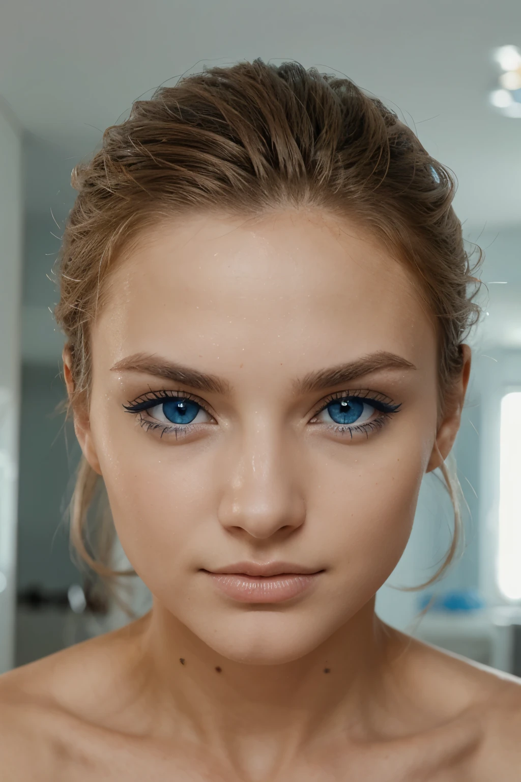 com cabelos loiros e compridos, very clear blue eyes and striking look, perfect nose and faces and delicate features