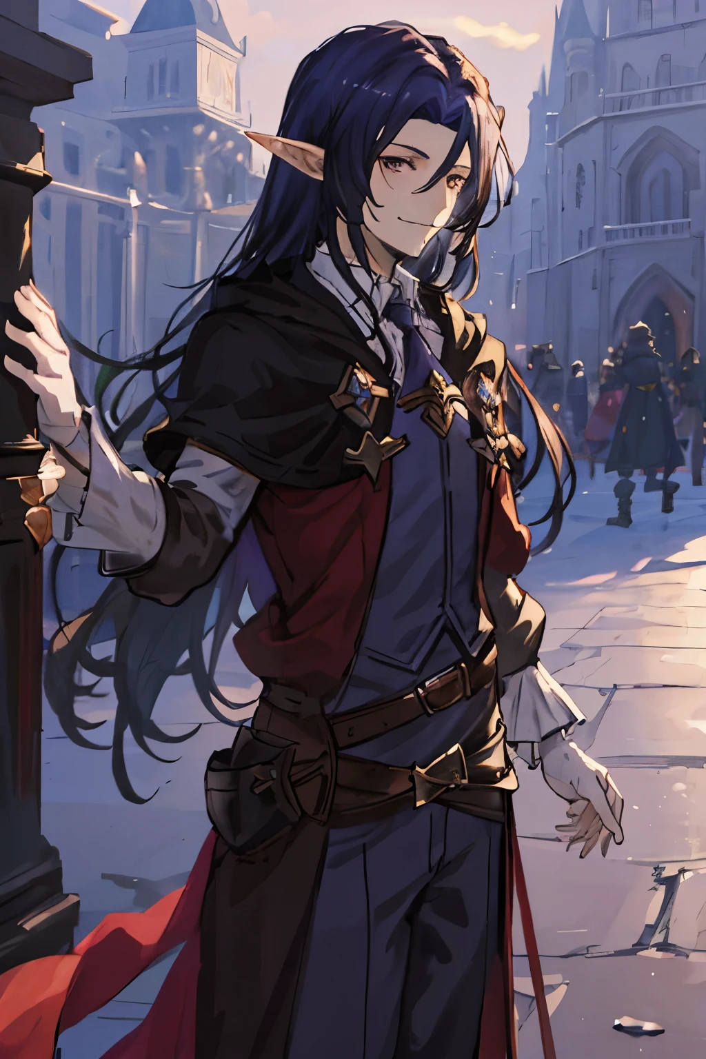 Masterpiece, Best Quality, Ultra-Detailed, 1man, man, mature man, adult man, 30 years old man, black hair, dark hair, long hair, purple eyes, dark eyes, elf, elf ears, pointy ears, long ears, deep eyes, brilliant eyes, very beautiful eyes, high fantasy mage clothes, high fantasy necromancer clothes, looking at you, serious expression, smiling, granblue fantasy style clothes, granblue fantasy clothes style, high fantasy castle background, dark castle background, gothic castle background high fantasy clothes