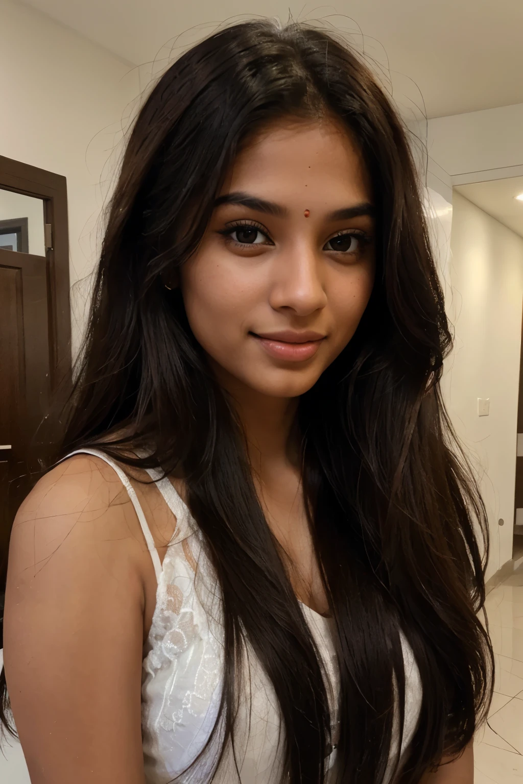 Create an image of a stunning Indian-origin American girl with long, luscious hair, exuding both cuteness and elegance. Imagine her with captivating eyes, a radiant smile, and flawless skin, resembling a model. Picture her in a passport-size photo, embodying the essence of a modern-day princess.