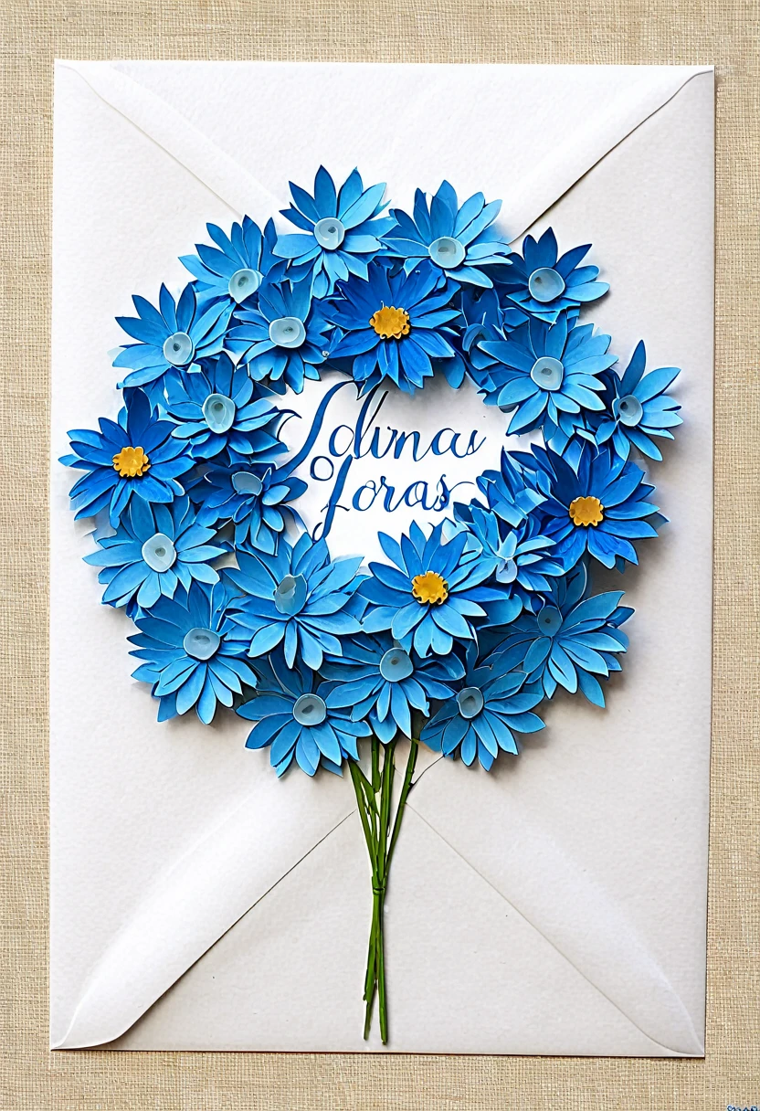 Un ramo de flores azules, con una carta que diga "Para Piero" ademas con un liston azul y envueltas en papel blanco