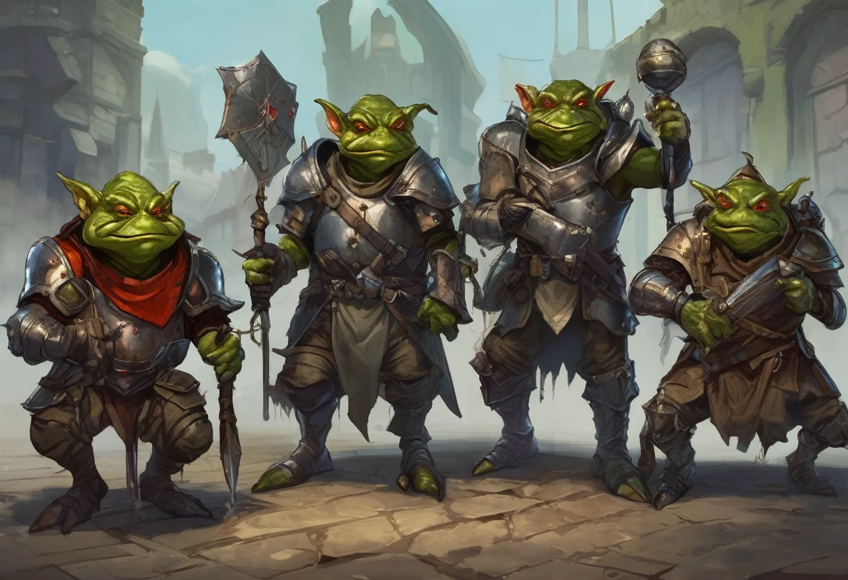 A squad of elite goblins that worship a goblin sized toad, (the squad has a fighter, cleric, wizard, and thief all of them are evil, cowardly, and dressed in garbage versions of heroic armor)