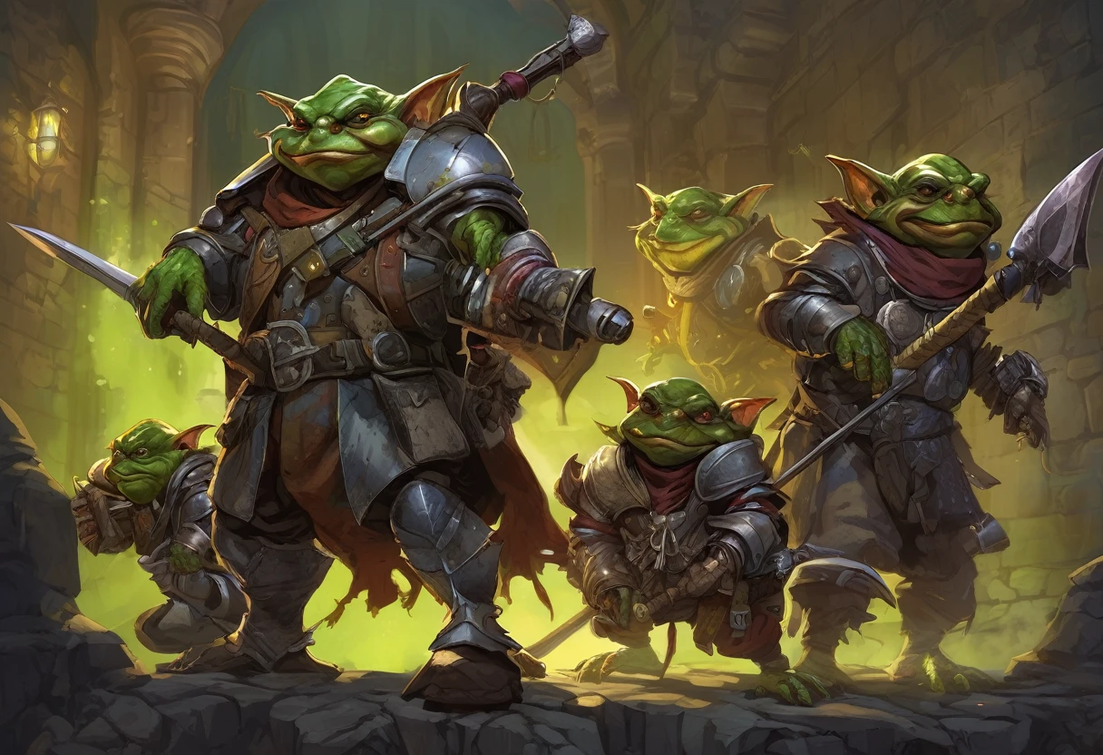 A squad of elite goblins that worship a goblin sized toad, (the squad has a fighter, cleric, wizard, and thief all of them are evil, cowardly, and dressed in garbage versions of heroic armor)