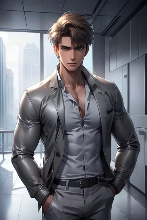 Perfect Anatomy, Masterpiece, Ultra High Quality, High resolution, 8k, Inside the building, 1 male, flatchest, large pectorals muscle, small arms muscle, Brown Hair, short hair, sideswopt bangs, shiny hair, Grey jacket, White shirt, Grey trousers, looking at viewer, looking up
