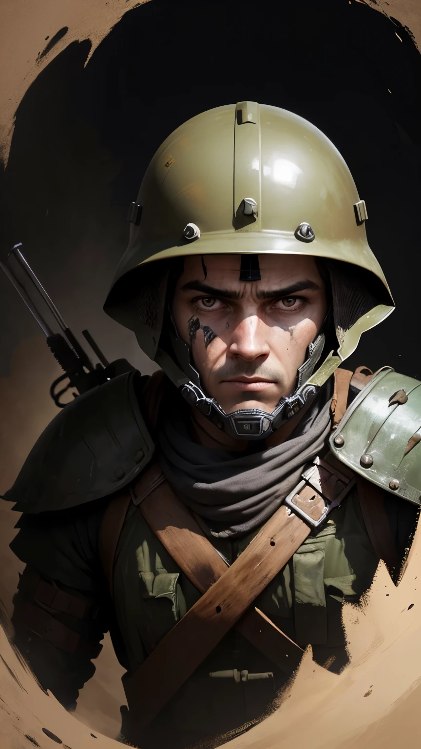 sharp soldier with dirty face and helmet looking at camera, olhar de mil jardas, Ininterrupta, editado, em branco, vencedor do Oscar, fury, pintura de guerra, # film, fechar-se, ainda em cores, filmado do filme, netflix, ww 2, ww2, cena de filme de guerra, imdb, FLIM, wearing pintura de guerra, Salvando o soldado Ryan, detalhe