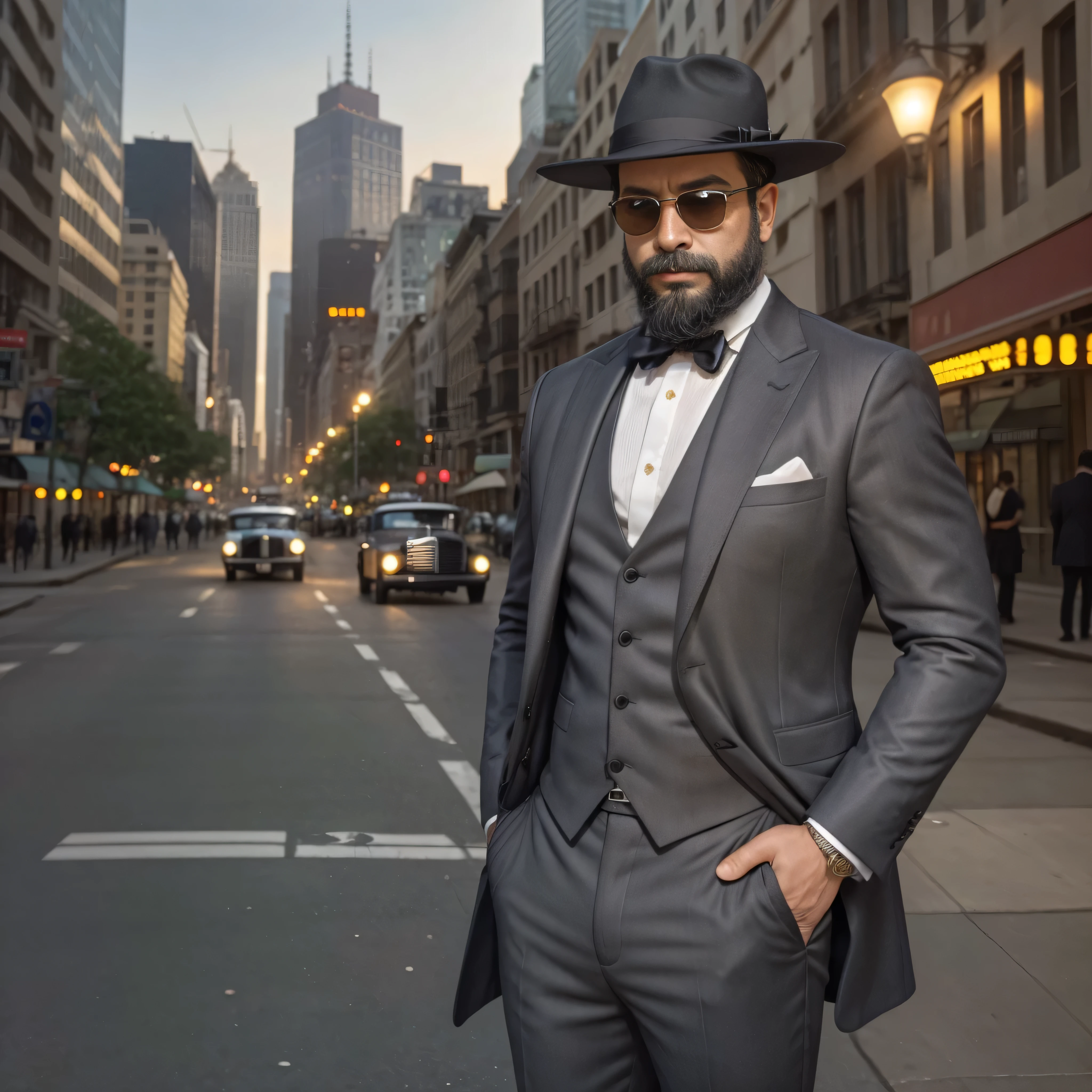 Ultra-realistic portrait of a 38-year-old man with a beard and sunglasses, set in the 1920s. The man is dressed in an elegant three-piece suit, compuesto por una chaqueta a rayas grises, un chaleco y pantalones a juego. Lleva una camisa blanca con cuello alto y una corbata negra de seda. En su cabeza, a gray felt fedora hat is tilted slightly to the side. The background shows a New York street with art deco skyscrapers, classic cars and street lamps of the time. La imagen es en plano medio, capturando la parte superior del cuerpo del hombre, with precise details in the texture of the clothing and the architectural elements of the environment. The sky is clear, con la luz del sol iluminando la escena.