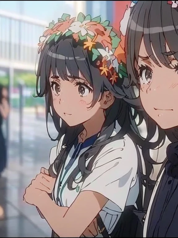 1mujer,pelo negro,cinta azul ,((mirada sorprendida)),Hermosos pechos,un traje de marinero,bien estilo,,(DE FRENTE)(((mejillas sonrojadas、embarrassed expression)),(((La falda se enrolla con el viento.))),horquillas de flores