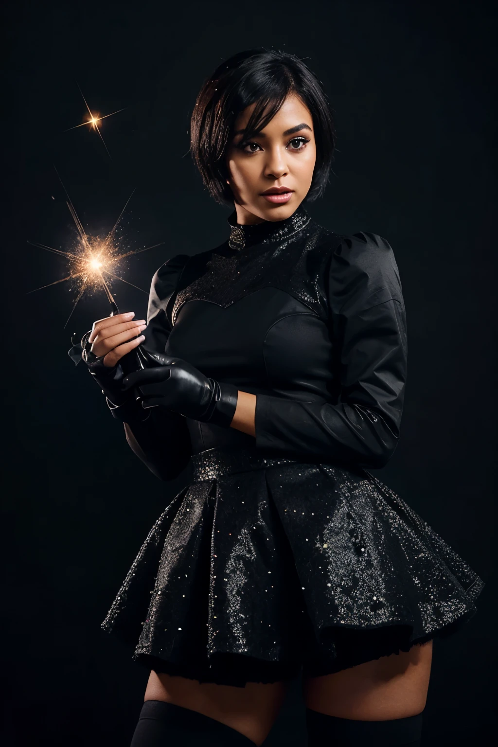 A short black dress with puffed sleeves, tights, gloves, high heels on a black woman with short straight hair with sparkles in the theme of love between the galaxies