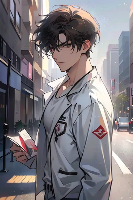 Perfect Anatomy, Masterpiece, Ultra High Quality, High resolution, 8k, Inside the building, 1 male, flatchest, large pectorals muscle, small arms muscle, Brown Hair, short hair, sideswopt bangs, shiny hair, Grey jacket, White shirt, Grey trousers, looking at viewer, looking up