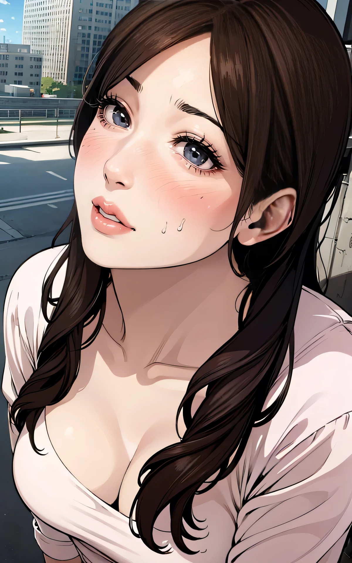 realisticlying，flat color, anime coloring, extremely detailed CG、high resolution、absurderes、detailed background:1.3、(45 years old、milf、 、thick lips),　cityscape
