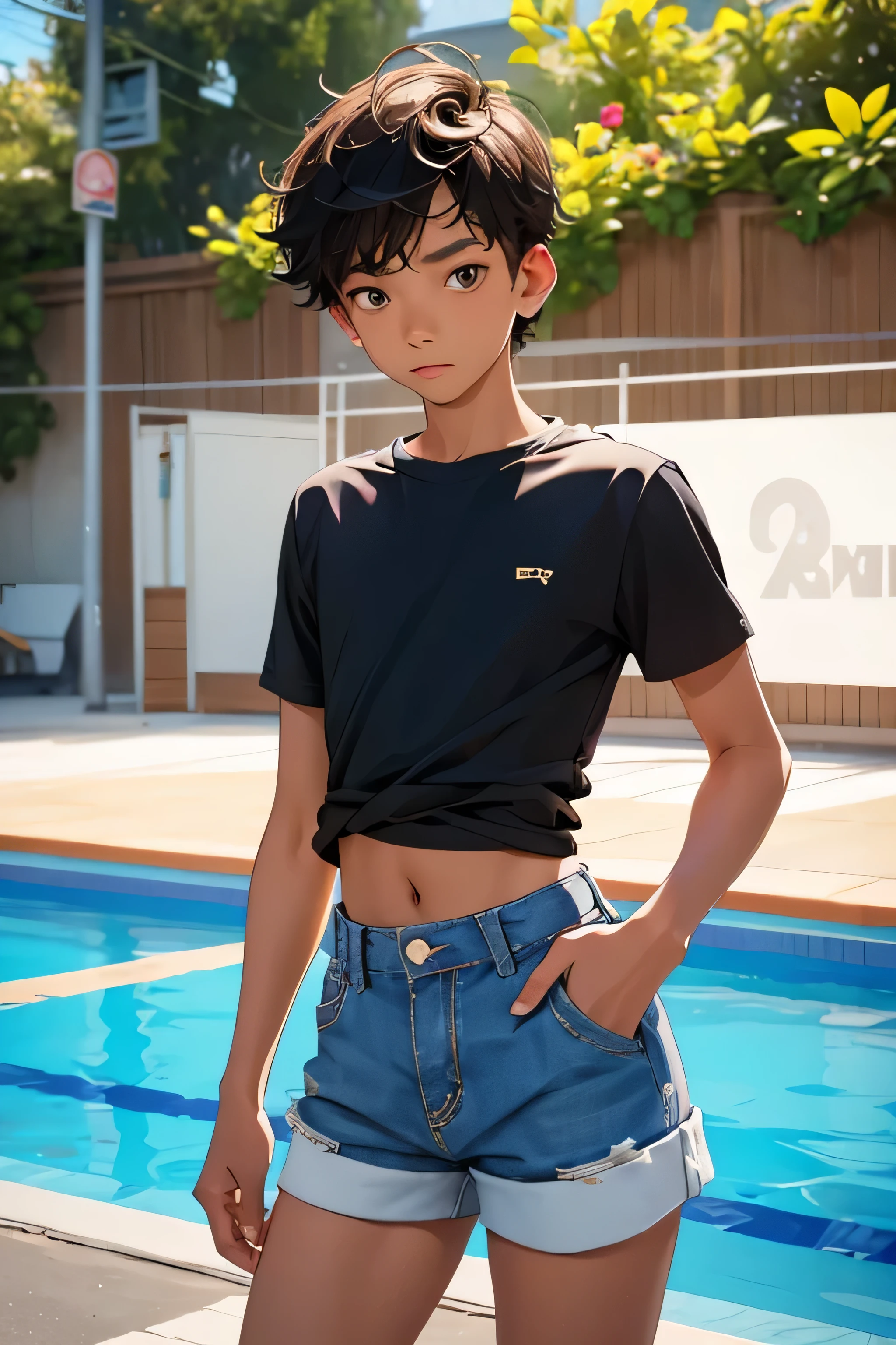 Teen boy 14 years old, boy wears a crop shirt and too very short mini shorts, beautiful legs, hot summer, highest quality,