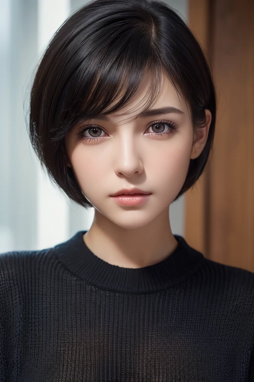 (masterpiece:1.3), (8k, Realistic, RAW Photos, highest quality: 1.4), (One girl), Beautiful Face, (Realistic Face), (Black Hair, short hair:1.3), Beautiful Hairstyles, Realistic eyes, Beautiful fine details, (Realistic Skin), Beautiful Skin, (sweater), Absurd, Charm, Ultra-high resolution, Ultra-realistic, Very detailed, Golden Ratio