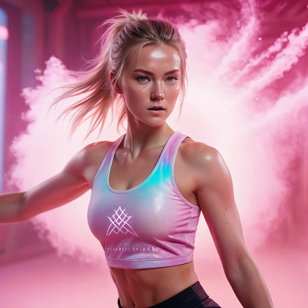 A handsome Norwegian girl, sharp eyes, clear facial features, wearing top tank, combat posture, martial arts movements, body surrounded by pink mist, runes around, holographic reality, holographic halo, motion blur, game light effects, edge light, soft light, movie edge light, delicate light, masterpiece, super detailed, epic composition, super HD, high quality, highest quality, 32k