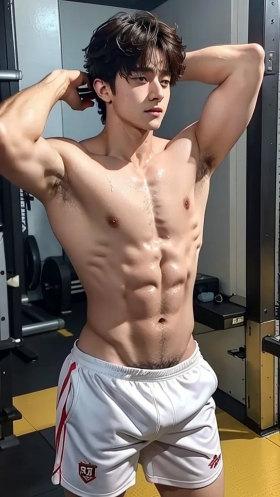 Sexy hairy shirtless jungkook after workout, wet and swearty