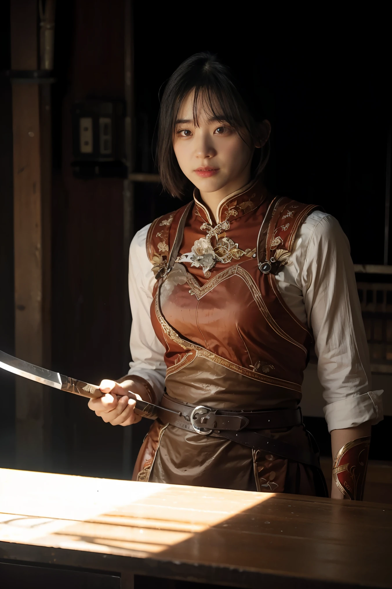 8k, best quality, highres, realistic, real person, A solitary warrior in a suspicious arena setting, without the demon lord. The warrior, lightly armored and with a sly smile, wields a large, ornately decorated axe. They have short red hair. The background is a mysterious and ominous arena, with a sense of danger and suspense. The lighting is dim and dramatic, enhancing the warrior's intense and cunning appearance.