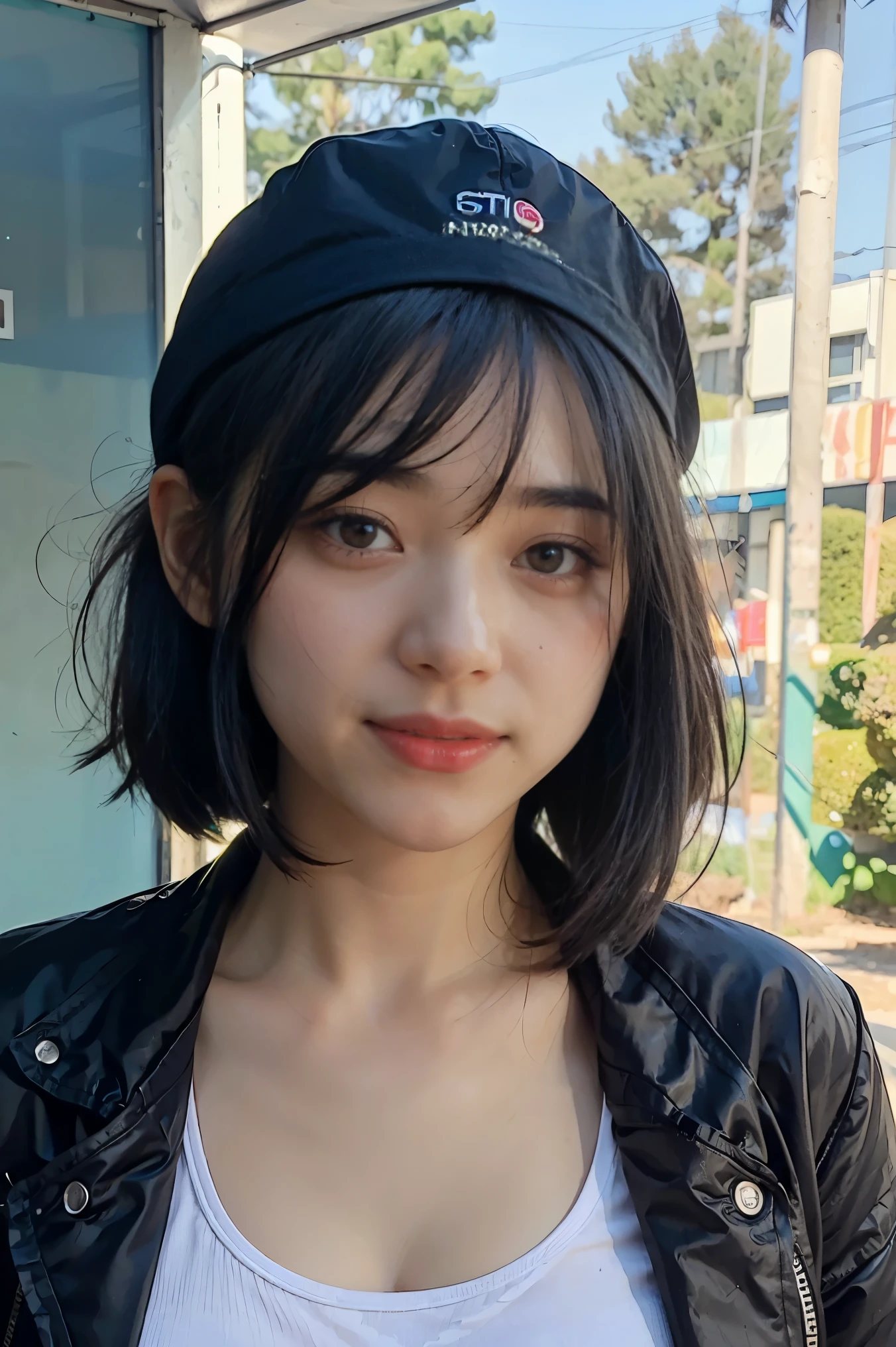 Masterpiece, best quality, 4k, UHD, Misshojo, painting, Beautiful eyes and a detailed face, illustration, Beautiful and detailed, high resolution illustration, glow_white_particle, 1 girl, white hair, Light purple eyes., hair on one eye, Short side details, baseball cap,expressionless, window shade, black jacket, Chest Drilling Rig, cyberpunk, technological equipment,(Impressionism:1.4)