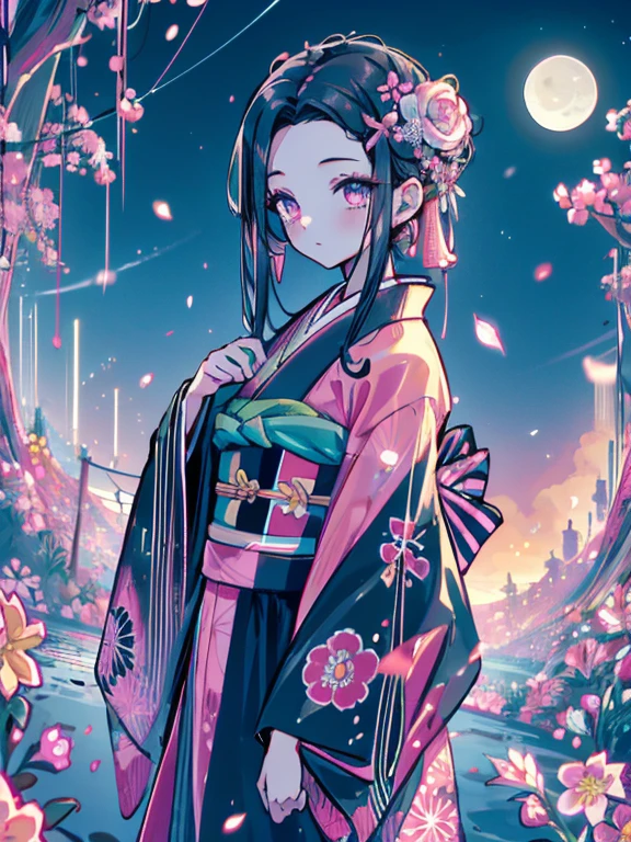 obra maestra, (kimono rosa), cara seductora, buena iluminacion, Corte bajo, finos detalles, obra maestra, chica, pelo negro, mordaza, Nezuko Kamado, dos viejos,Noche,luna,obra maestra, mejor calidad, tirar, Caderas anchas,