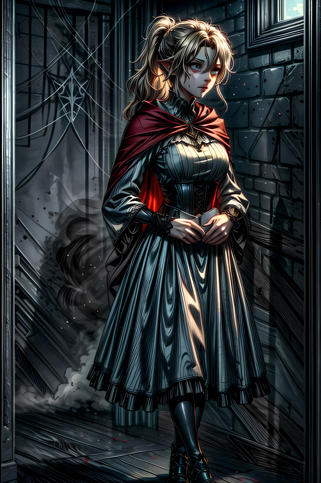 arafed a picture of elf vampire in her castle and her pet epic cat an exquisite beautiful female elf vampire (ultra details, Masterpiece, best quality), bloody mouth blond hair, pale skin, hair in a ponytail, long hair, blue eyes, cold eyes, smirking, wearing white dress (ultra details, Masterpiece, best quality), red cloak, in dark fantasy library, with an ((big cat: 1.3)) (ultra details, Masterpiece, best quality: 1.5) book shelves, arafed high details, best quality, 16k, [ultra detailed], masterpiece, best quality, (ultra detailed), full body, ultra wide shot, photorealism, RAW, dark fantasy art, gothic art, ArmoredDress, glowingveins, night, (dark environment)