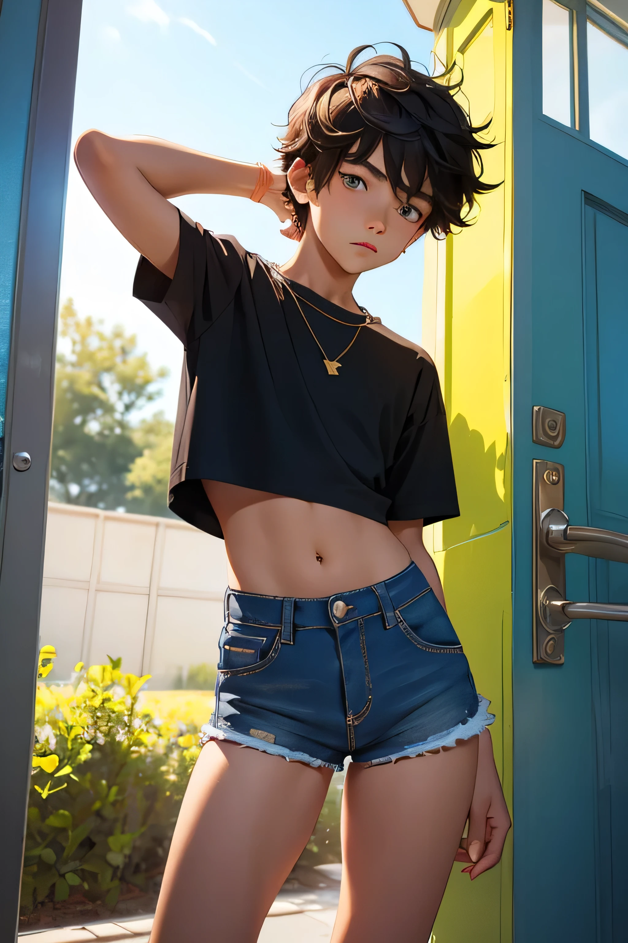 , boy wears a crop shirt and too very short mini shorts, beautiful legs, hot summer, highest quality,