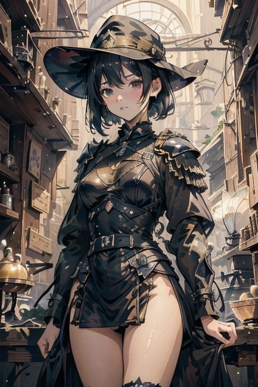 (highest quality,4K,High resolution,Super detailed,masterpiece),(Impressionism:1.4), Cool anime girls, Black Short Hair, Black Hair, bangs, 21 years old, mature, young, Black clothes, Black Uniform, Black Hat, military school beauty heroic and heroic indoor background exquisite and exquisite facial features