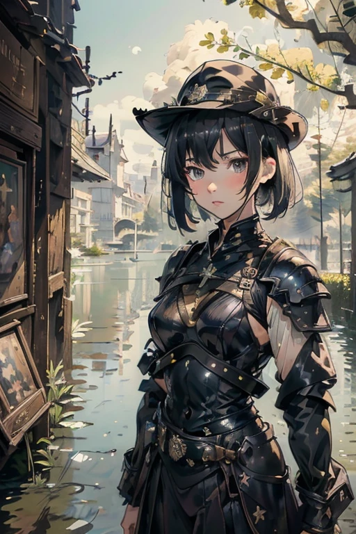 (highest quality,4K,High resolution,Super detailed,masterpiece),(Impressionism:1.4), Cool anime girls, Black Short Hair, Black Hair, bangs, 21 years old, mature, young, Black clothes, Black Uniform, Black Hat, military school beauty heroic and heroic indoor background exquisite and exquisite facial features