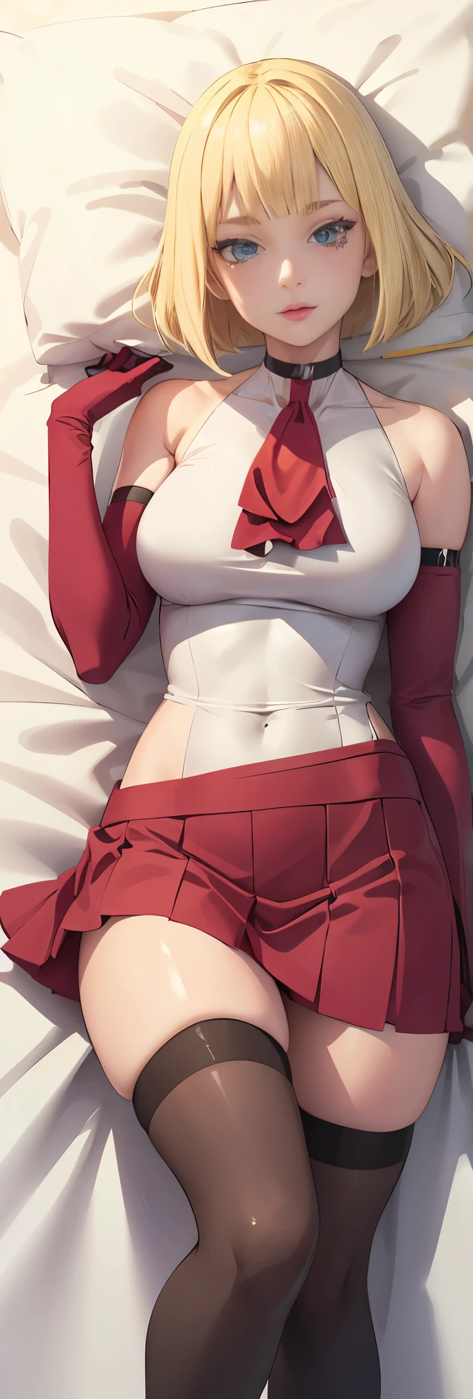 1woman,samui, choker, ((Blonde hair:1.5)),
BREAK (ascot, sleeveless, white dress, red skirt, miniskirt, pink sleeves, detached sleeves, black gloves, black thighhighs:1.2)
BREAK there is a girl on the bed, she is sleepy, full body, dakimakura, lying down,
BREAK ((anime girl)), best quality, expressive eyes, perfect face, (masterpiece), best quality, expressive eyes, perfect face, ((best quality)), ((ultra-detailed)), ((an extremely delicate and beautiful)), perfect eyes, perfect body, ((synmetry eyes)), beautiful eyes, ((thick thighs)), shiny skin, soft skin, ((synmetry body)), ((perfect body)), 