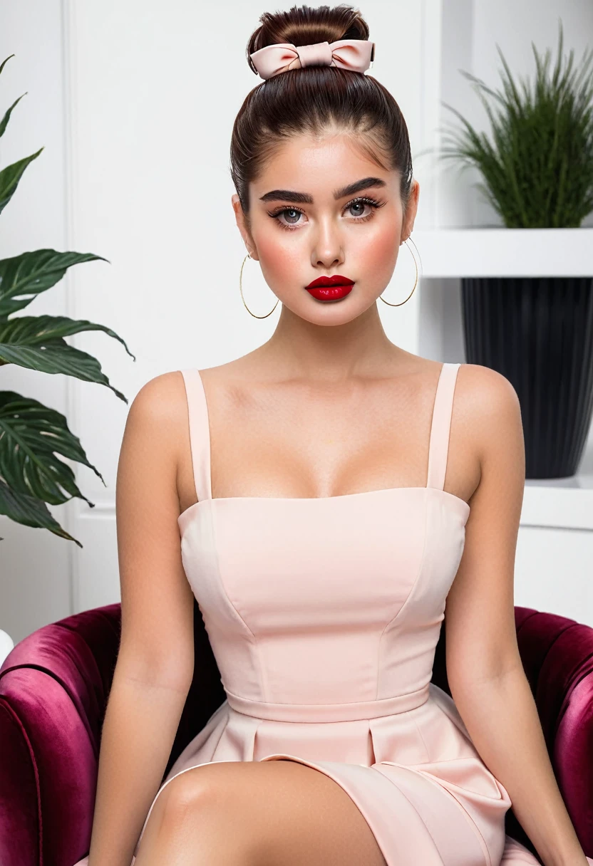 full body, Toned, Square Face, Porcelain Skin, Narrow Nose, Pouty Lips, Prominent Chin, Cherry glossy lipstick, scrunchie, mahogany Straight Hair Medium-Length Hair Bun, su1t, formal, double-breasted dress, buttons, necktie, skirt, pencil skirt, high platform heels, sitting, (a discovery of a wormhole leads to new worlds:1.2), perfect eyes