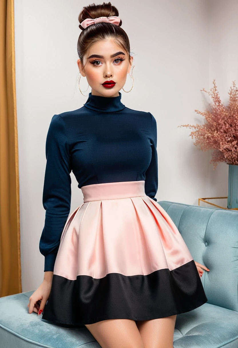 full body, Toned, Square Face, Porcelain Skin, Narrow Nose, Pouty Lips, Prominent Chin, Cherry glossy lipstick, scrunchie, mahogany Straight Hair Medium-Length Hair Bun, su1t, formal, double-breasted dress, buttons, necktie, skirt, pencil skirt, high platform heels, sitting, (a discovery of a wormhole leads to new worlds:1.2), perfect eyes
