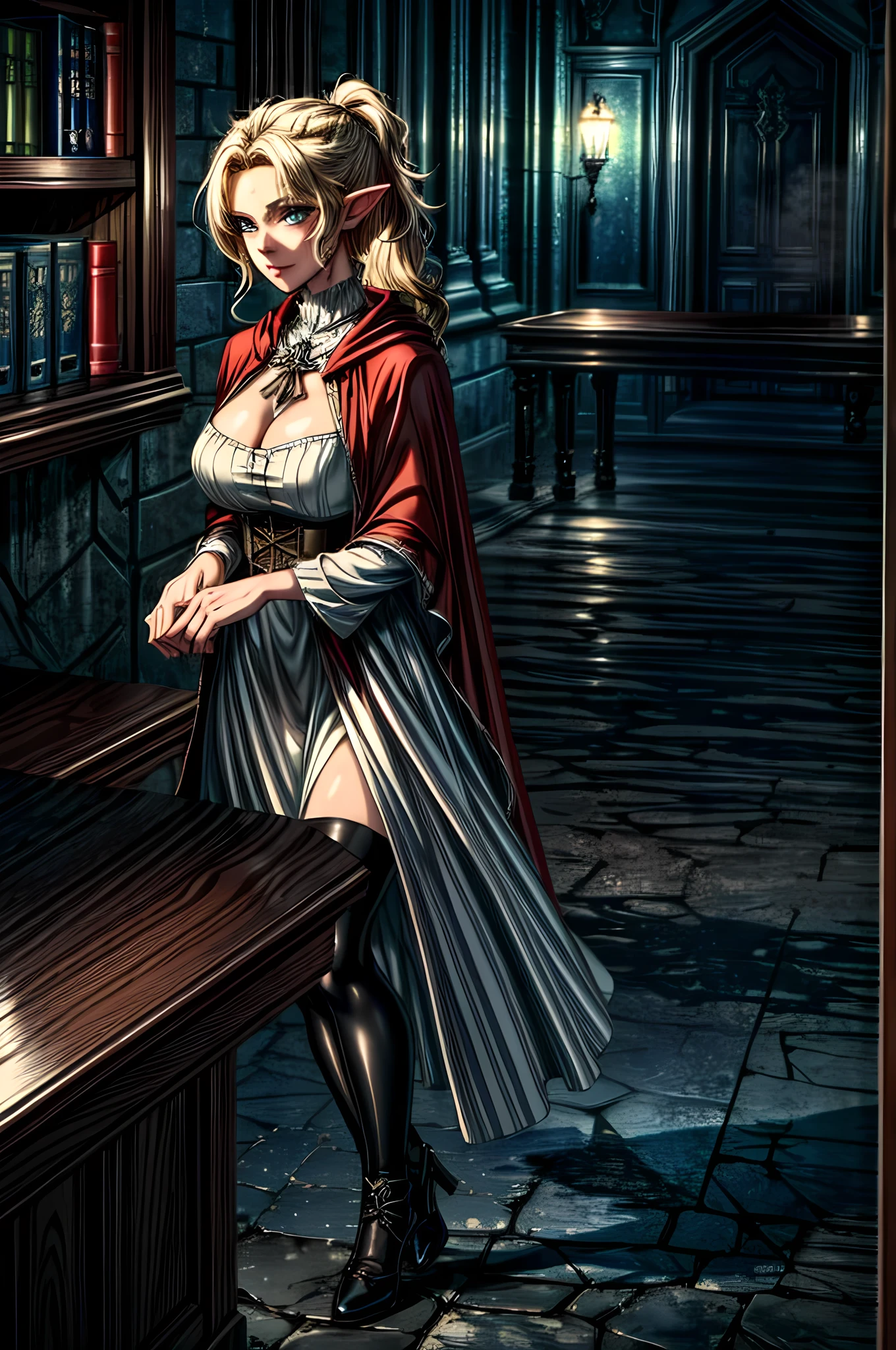 arafed a picture of elf vampire in her castle and her pet epic cat an exquisite beautiful female elf vampire (ultra details, Masterpiece, best quality), bloody mouth blond hair, pale skin, hair in a ponytail, long hair, blue eyes, cold eyes, smirking, wearing white dress (ultra details, Masterpiece, best quality), red cloak, in dark fantasy library, with an ((big cat: 1.3)) (ultra details, Masterpiece, best quality: 1.5) book shelves, arafed high details, best quality, 16k, [ultra detailed], masterpiece, best quality, (ultra detailed), full body, ultra wide shot, photorealism, RAW, dark fantasy art, gothic art, ArmoredDress, glowingveins, night, (dark environment)