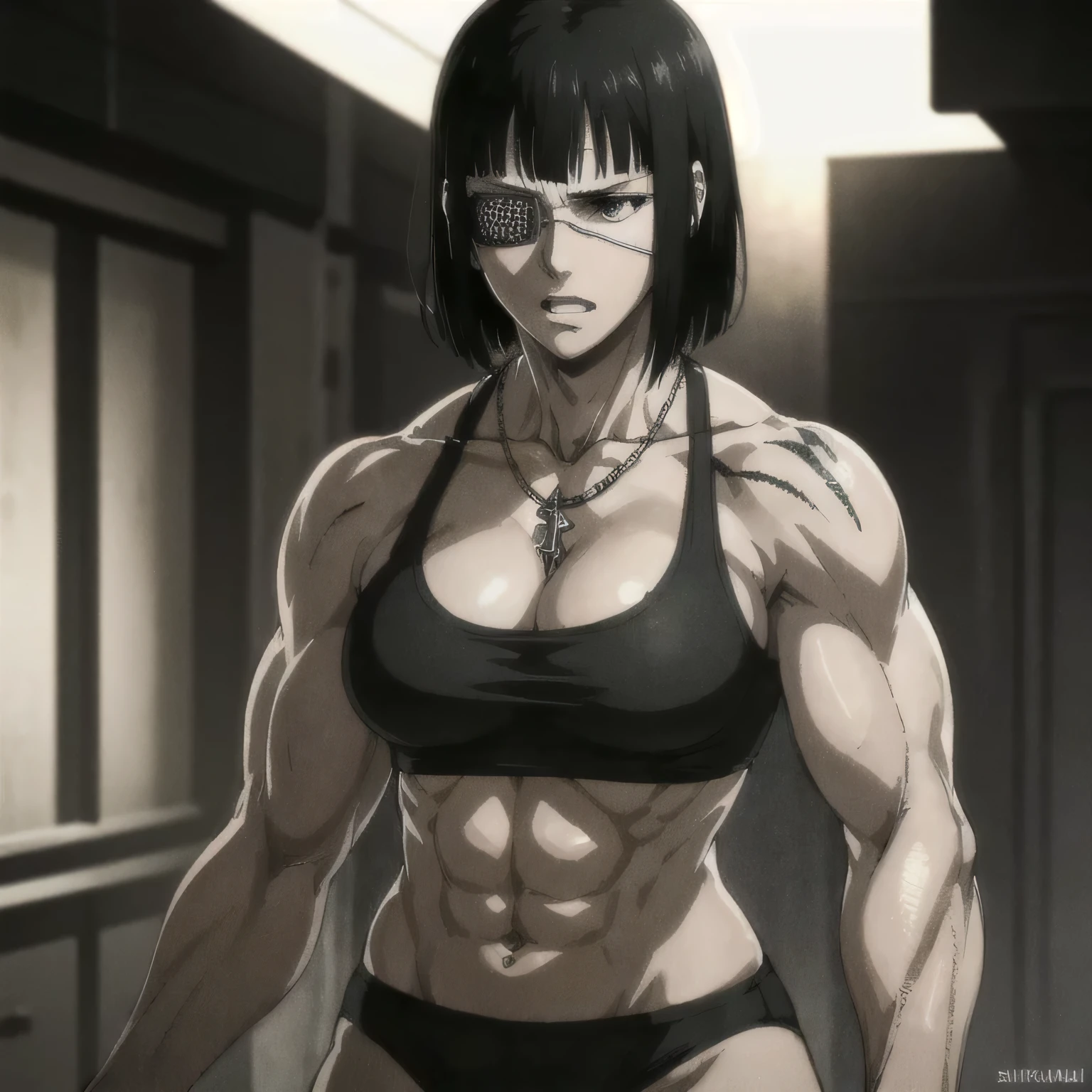 (best quality,ultra-detailed,realistic:1.37),musclaur badass girl with sculpted body with preview her musclaur body and six-pack, full review of the female character's face and body, intense expression,studio lighting, vivid colors, physiologically-based rendering, grungy texture, rugged background, dust particles in the air, commanding presence, professional, powerful, gritty aesthetics,,Valmet،short hair،tattoos on shoulders,,Shining muscles, muscle protrusion,wearing military male black underwear and midriff tank top,necklace,Valmet have a sex muscles,eyepatch