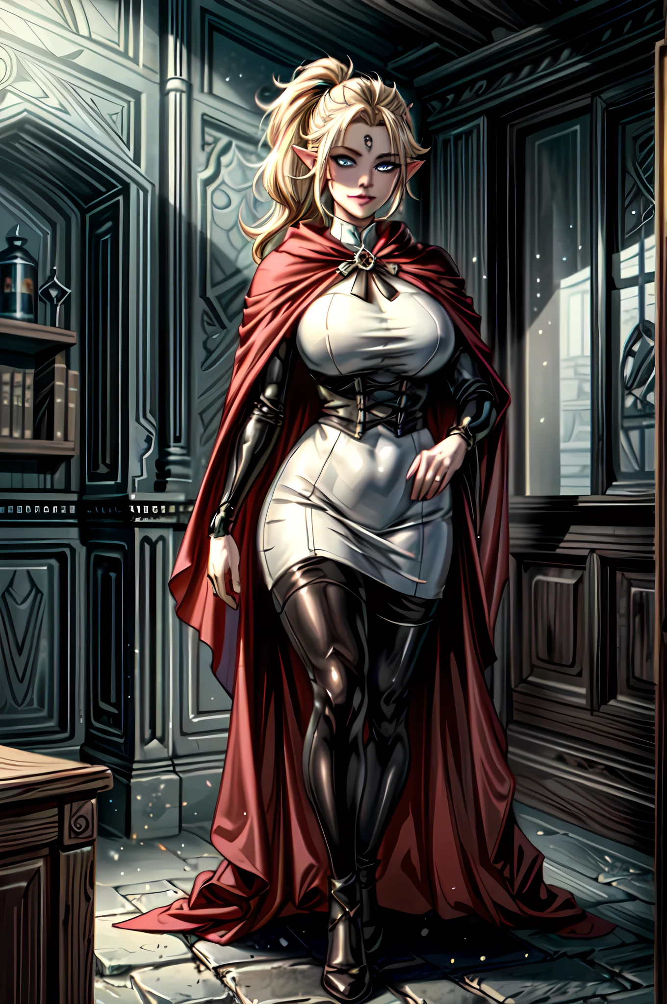 arafed a picture of elf vampire in her castle and her pet epic cat an exquisite beautiful female elf vampire (ultra details, Masterpiece, best quality), bloody mouth blond hair, pale skin, hair in a ponytail, long hair, blue eyes, cold eyes, smirking, wearing white dress (ultra details, Masterpiece, best quality), red cloak, in dark fantasy library, with an ((big cat: 1.3)) (ultra details, Masterpiece, best quality: 1.5) book shelves, arafed high details, best quality, 16k, [ultra detailed], masterpiece, best quality, (ultra detailed), full body, ultra wide shot, photorealism, RAW, dark fantasy art, gothic art, ArmoredDress, glowingveins, night, (dark environment)