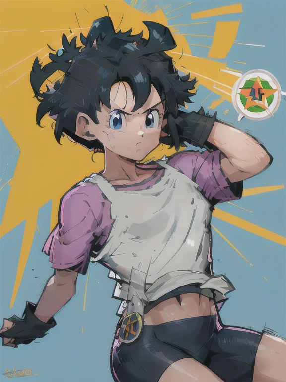 obra maestra, mejor calidad, high resolution, videl2, solo, blue eyes, pelo negro, dos colas, guantes negros, bicicleta_bermudas, golpes, Camisa blanca, insignia, pechos medianos, tiro de vaquero, frown, mano en la cadera, inclinado hacia adelante, apuntando al espectador,