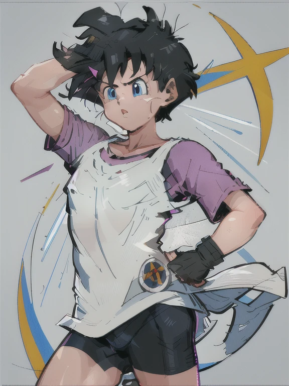 obra maestra, mejor calidad, high resolution, videl2, solo, blue eyes, pelo negro, dos colas, guantes negros, bicicleta_bermudas, golpes, Camisa blanca, insignia, pechos medianos, tiro de vaquero, frown, mano en la cadera, inclinado hacia adelante, apuntando al espectador,