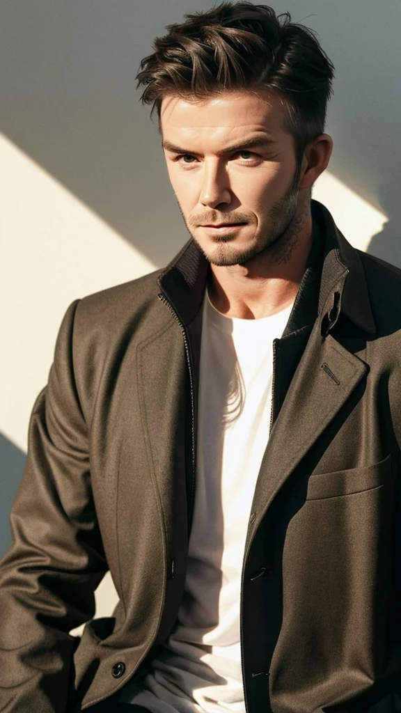David Beckham with realistic black hair, exactly the same hairstyle, realistic handsome face, realistic cool expression,Adapt exact clothing, realistic light, realistic shadows, realistic background