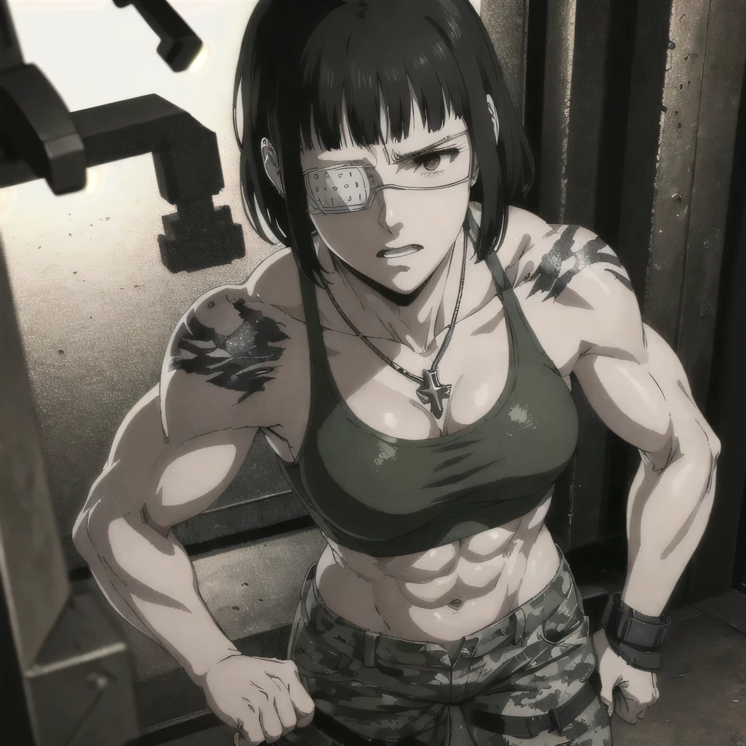 (best quality,ultra-detailed,realistic:1.37),musclaur badass girl with sculpted body with preview her musclaur body and six-pack, full review of the female character's face and body, intense expression,studio lighting, vivid colors, physiologically-based rendering, grungy texture, rugged background, dust particles in the air, commanding presence, professional, powerful, gritty aesthetics,,Valmet،short hair،tattoos on shoulders,,Shining muscles, muscle protrusion,wearing military black camouflage pants and midriff tank top,necklace,Valmet have a sex muscles,eyepatch