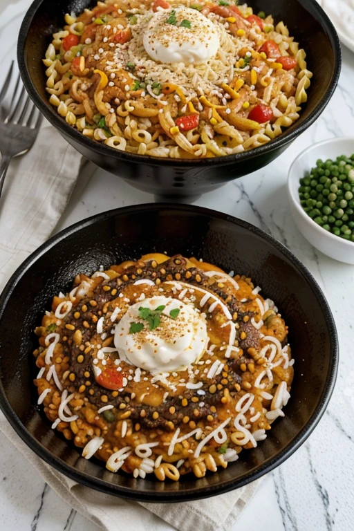a delicious, steaming hot Egyptian kushari dish, freshly prepared with perfectly cooked rice, macaroni, and black lentils, drizzled with a flavorful sauce, presented on a white nylon cloth, with scattered chickpeas and tomatoes, accompanied by a bowl of hot sauce and Egyptian dukkah, captured in an extremely realistic, high-quality, photorealistic, 8k image with vivid colors, natural daylight lighting, and fine details