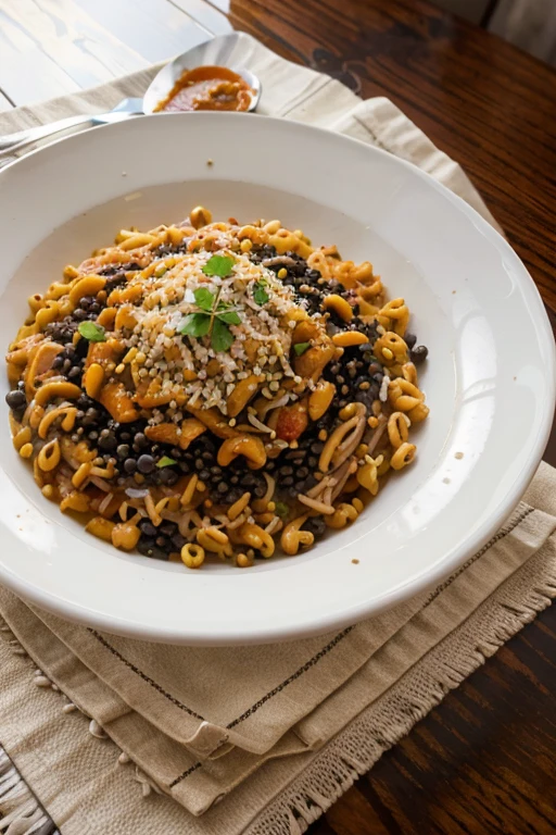 a delicious, steaming hot Egyptian kushari dish, freshly prepared with perfectly cooked rice, macaroni, and black lentils, drizzled with a flavorful sauce, presented on a white nylon cloth, with scattered chickpeas and tomatoes, accompanied by a bowl of hot sauce and Egyptian dukkah, captured in an extremely realistic, high-quality, photorealistic, 8k image with vivid colors, natural daylight lighting, and fine details