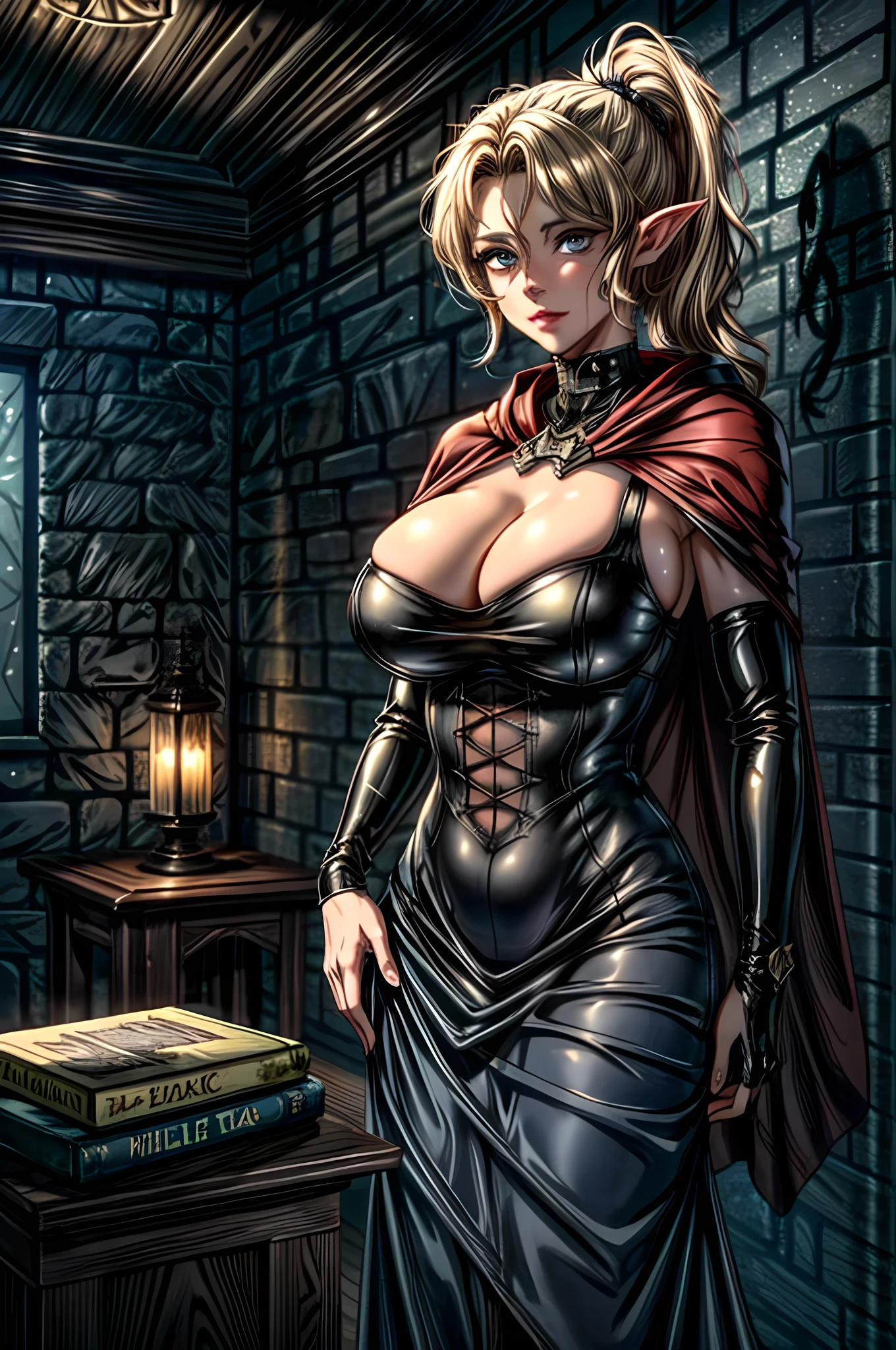 arafed a picture of elf vampire in her castle and her pet ((epic cat:1.2)) an exquisite beautiful female elf vampire (ultra details, Masterpiece, best quality), bloody mouth blond hair, pale skin, hair in a ponytail, long hair, blue eyes, cold eyes, smirking, wearing white dress (ultra details, Masterpiece, best quality), red cloak, in dark fantasy library, with an ((big cat: 1.3)) (ultra details, Masterpiece, best quality: 1.5) book shelves, arafed high details, best quality, 16k, [ultra detailed], masterpiece, best quality, (ultra detailed), full body, ultra wide shot, photorealism, RAW, dark fantasy art, gothic art, ArmoredDress, glowingveins, night, (dark environment)