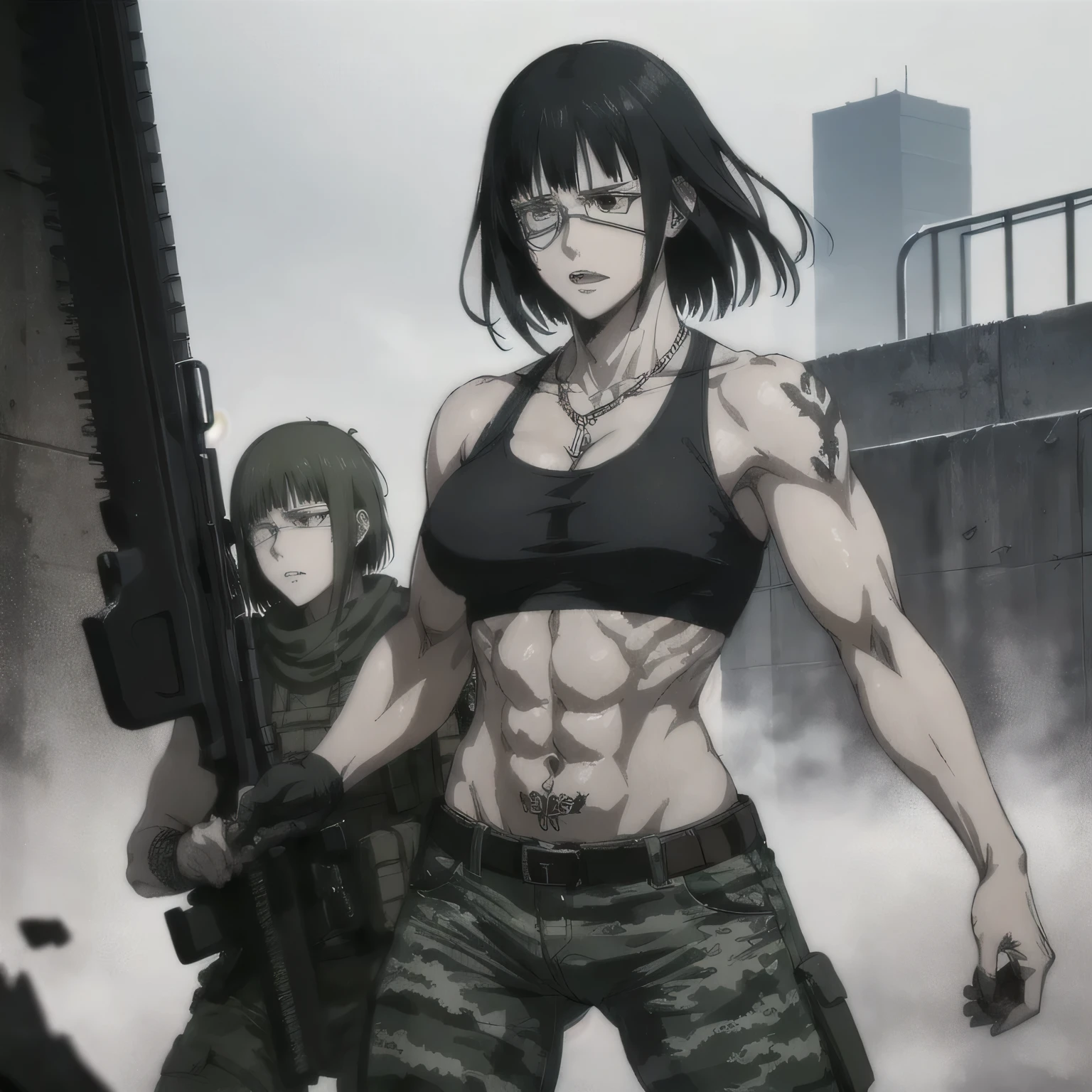 (best quality,ultra-detailed,realistic:1.37),musclaur badass girl with sculpted body with preview her musclaur body and six-pack, full review of the female character's face and body, intense expression,studio lighting, vivid colors, physiologically-based rendering, grungy texture, rugged background, dust particles in the air, commanding presence, professional, powerful, gritty aesthetics,,Valmet،short hair،tattoos on shoulders,,Shining muscles, muscle protrusion,wearing military black camouflage pants and midriff tank top,necklace,Valmet have a sex muscles,eyepatch