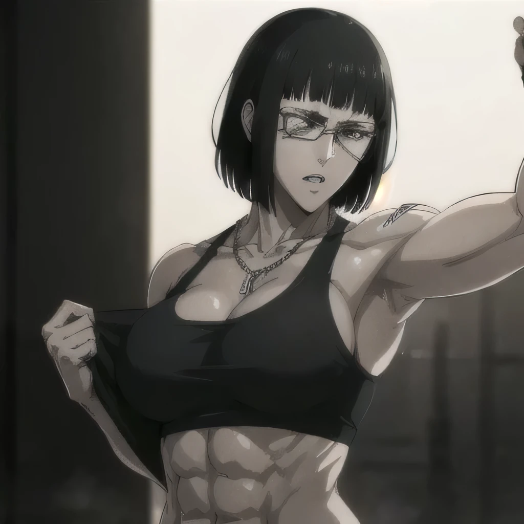 (best quality,ultra-detailed,realistic:1.37),musclaur badass girl with sculpted body with preview her musclaur body and six-pack, full review of the female character's face and body, intense expression,studio lighting, vivid colors, physiologically-based rendering, grungy texture, rugged background, dust particles in the air, commanding presence, professional, powerful, gritty aesthetics,,Valmet،short hair،tattoos on shoulders,,Shining muscles, muscle protrusion,wearing military male black underwear and midriff tank top,necklace,Valmet have a sex muscles,eyepatch,koko hugs Valmet,koko