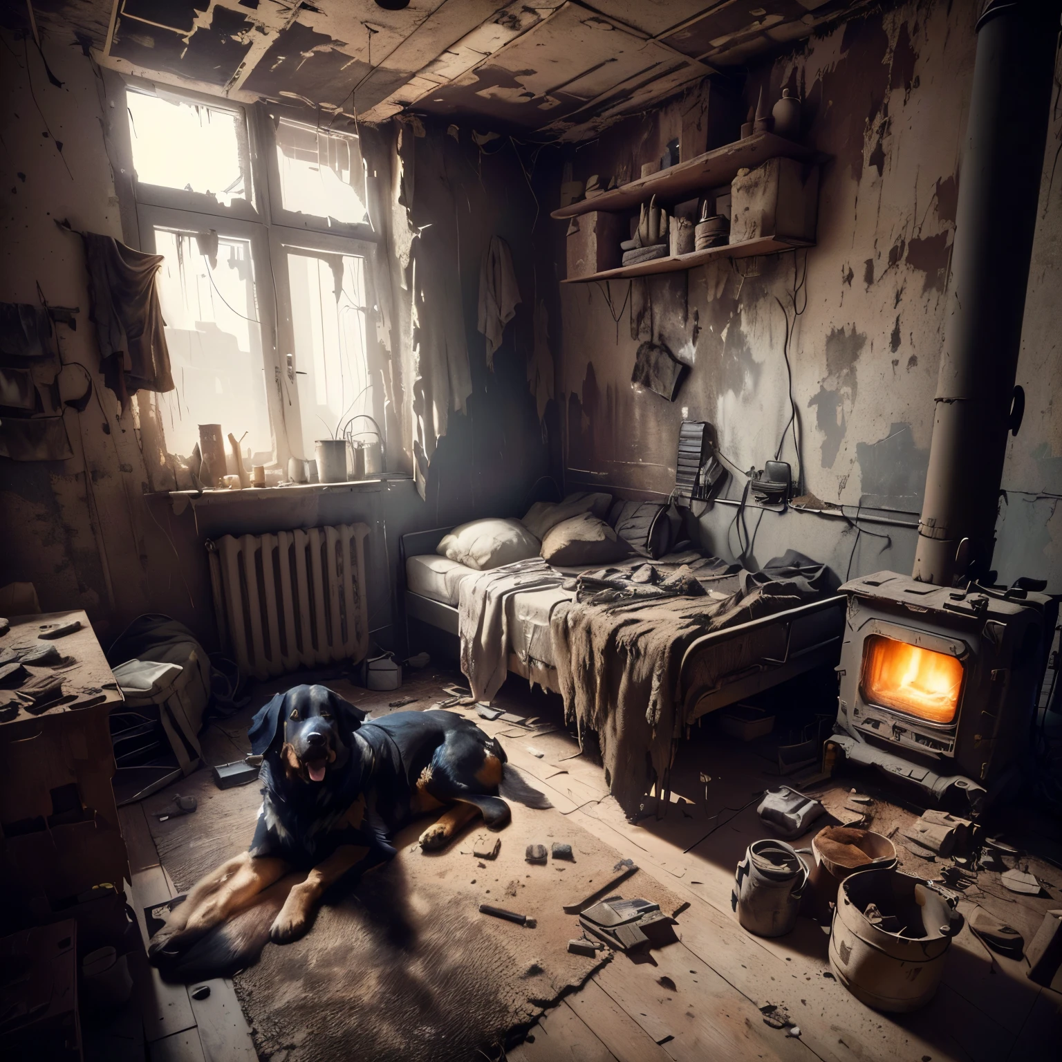 there is a dog laying on the floor in a room with a bed, post apocalyptic room interior, in a old house. hyper realistic, photorealistic dark concept art, dusty unreal engine, post apocalyptic setting, dirty room, post - apocalyptic vibe, in the art style of filip hodas, realistic unreal engine 3 d game, in tarkov, by maxim verehin