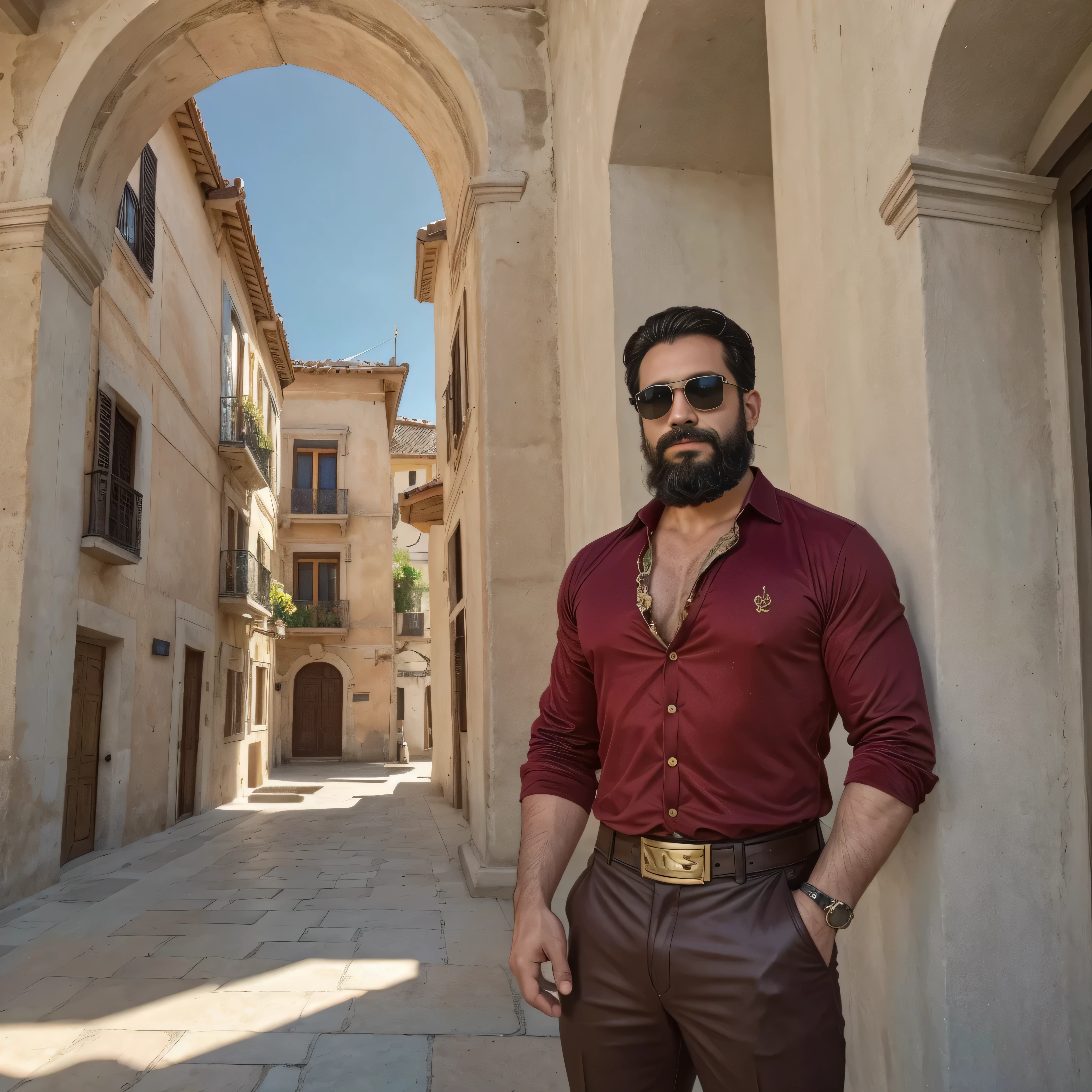 Ultra-realistic portrait of a 38-year-old man with a beard and sunglasses, ambientado en la era del Renacimiento en Italia. The man is dressed in a burgundy velvet doublet with gold embroidery, una camisa blanca de lino con mangas abullonadas y un cuello alto, y una capa de seda negra drapeada sobre un hombro. He wears a brown leather belt with a small ornamental dagger. El fondo muestra una plaza italiana con arquitectura renacentista, including stone buildings with arched windows and marble statues. La imagen es en plano medio, capturando la parte superior del cuerpo del hombre, with precise details in the texture of the clothing and the architectural elements of the environment. El cielo es azul claro, con la luz del sol iluminando suavemente la escena.

